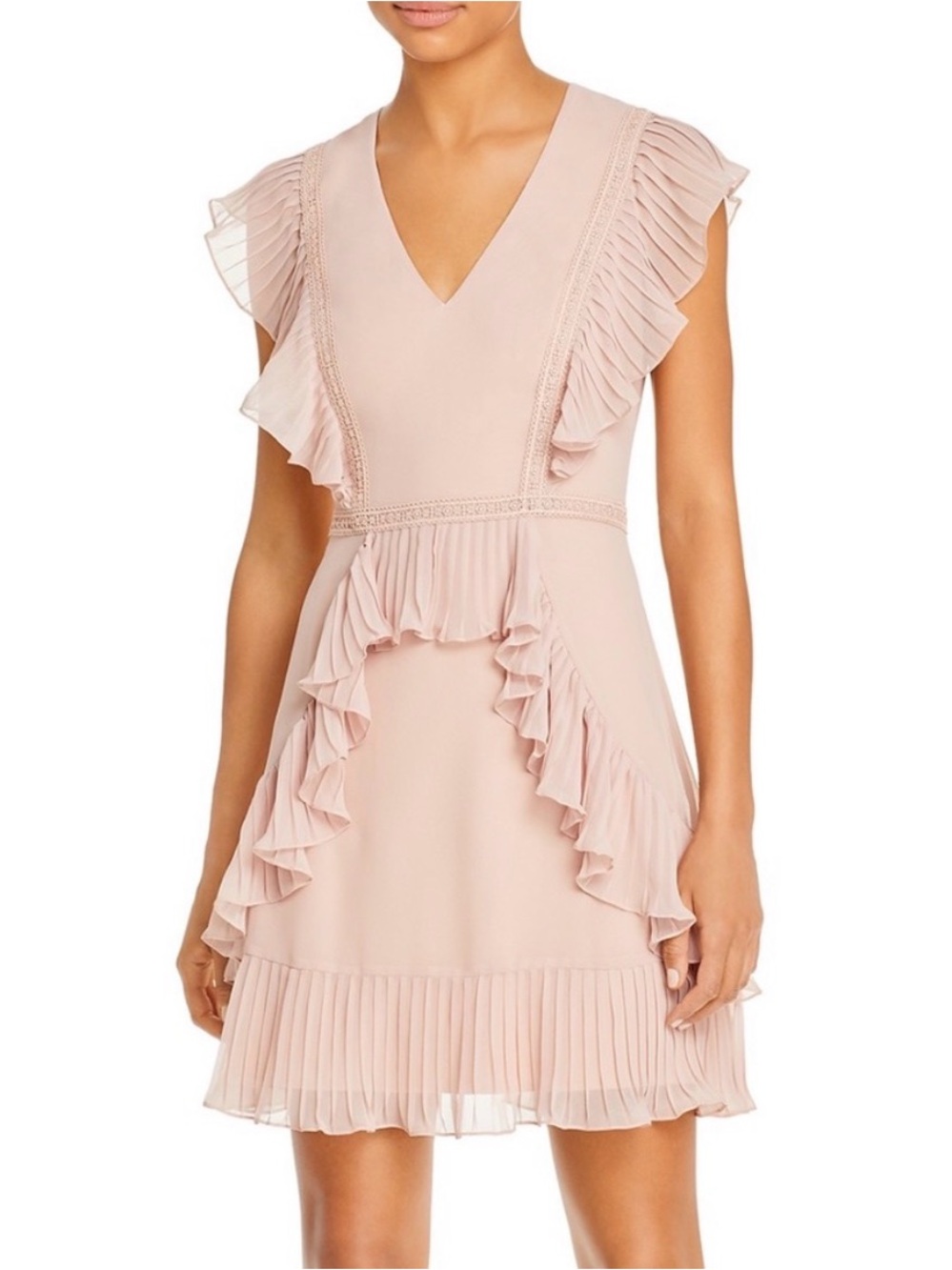 NWT - BCBGMaxAzria Dusty Rose Ruffle Pleated V-Neck Mini Dress Size 0